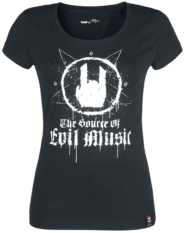 Schwarzes T-Shirt mit Rockhand-Print und Schriftzug