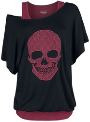 Schwarzes Shirt und rotes Top mit Print