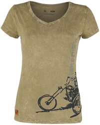 Rock Rebel X Route 66 - Grünes T-Shirt mit Waschung u. Motorrad-Print