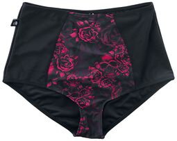 Schwarze High Waist Bikinihose mit Skull & Roses Motiv, Black Premium by EMP, Bikini-Unterteil