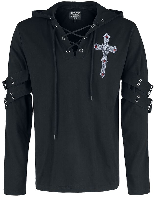 Gothicana X Anne Stokes - Schwarzes Langarmshirt mit Print und Schnürung