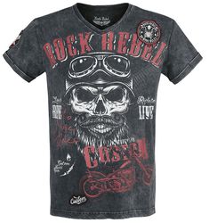 T-Shirt Noir Col En V & Imprimé, Rock Rebel by EMP, T-Shirt Manches courtes