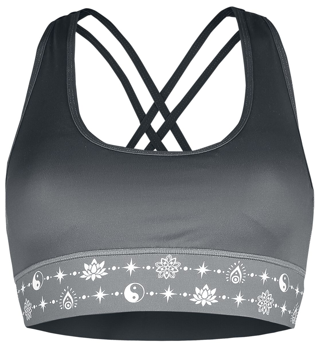 Sport Bustier Große Größen Starker Halt Sport und Yoga - Graues Bustier mit Print und überkreuzten Trägern im