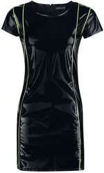 Schwarzes Kleid im Lack Look mit neonfarbenen Details