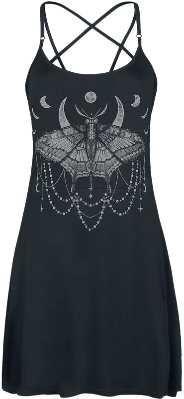 Schwarzes kurzes Kleid mit Print und Pentagramm-Trägern