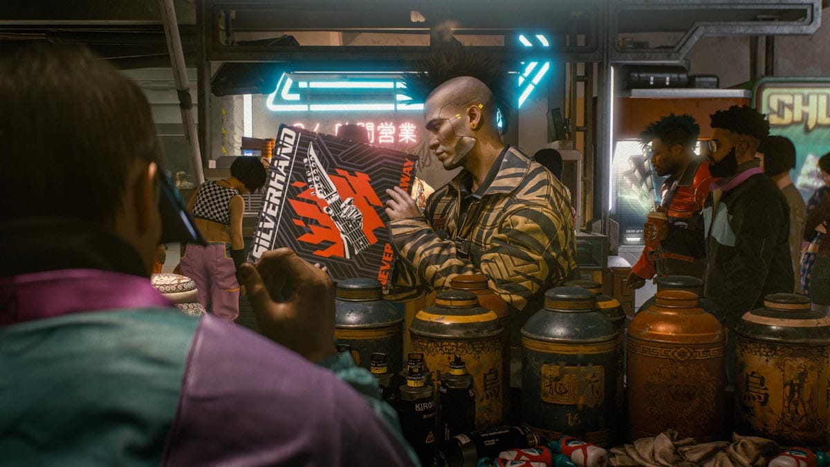 Ein Screenshot aus Cyberpunk 2077, Edgerunners wird im Anime-Stil gehalten.