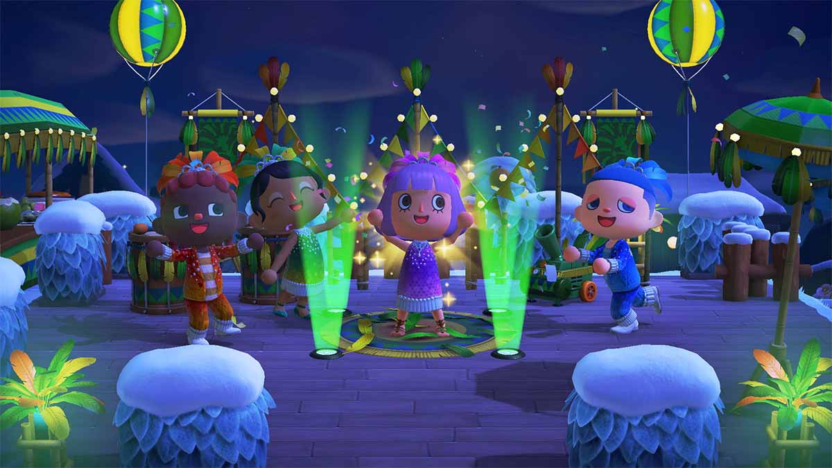 Bunte Karnevalsfeiern in Animal Crossing.